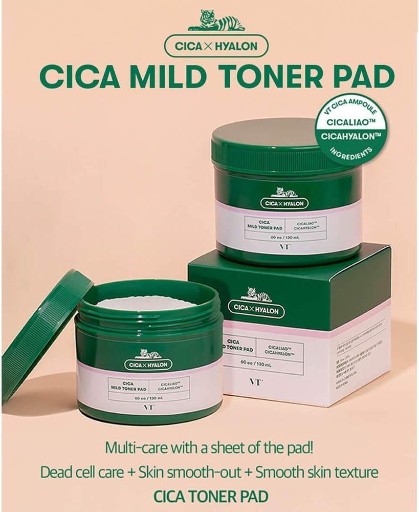 VT COSMETICS Cica Mild Toner Pad (60 Pads), Facial Toner Pads for Daily Use - Exfoliating, Hydrating, Soothing, pH Balancing Toner with BHA, Centella Asiatica Extract, Hyaluronic Acids